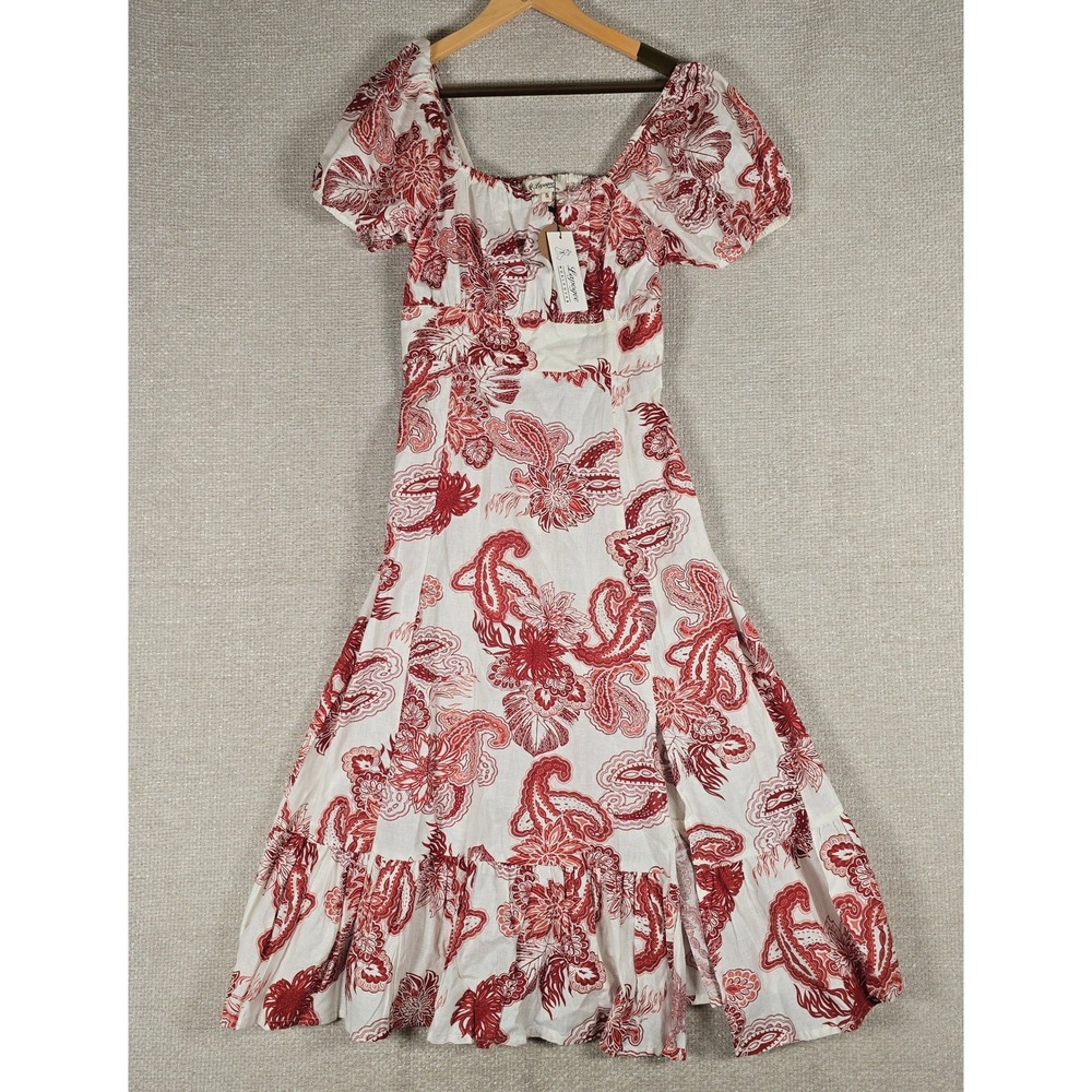 Lapogee Red White Paisley Floral Smocked Midi Dress Short Puff Sleeve Small NEW
